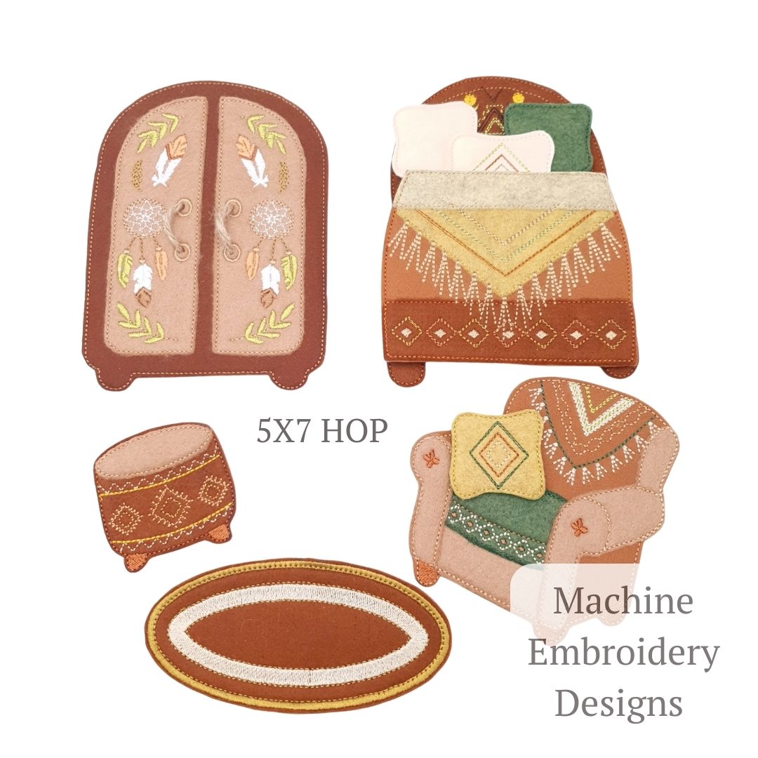 Boho Southwestern Dollhouse Furniture Set ITH Machine Embroidery Design Felt Toy Bed Wardrobe Armchair for 5x7 Hoop Quiet Book Accessory