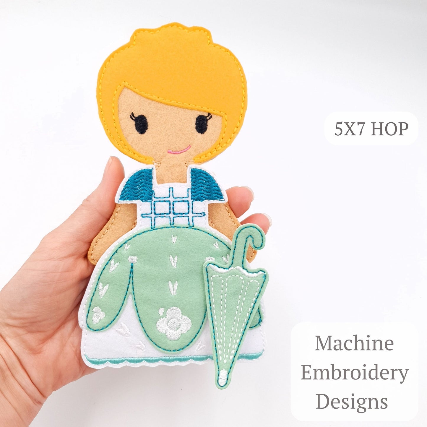 Sweet Felt Doll with Mint Dress and Umbrella ITH Embroidery Design
