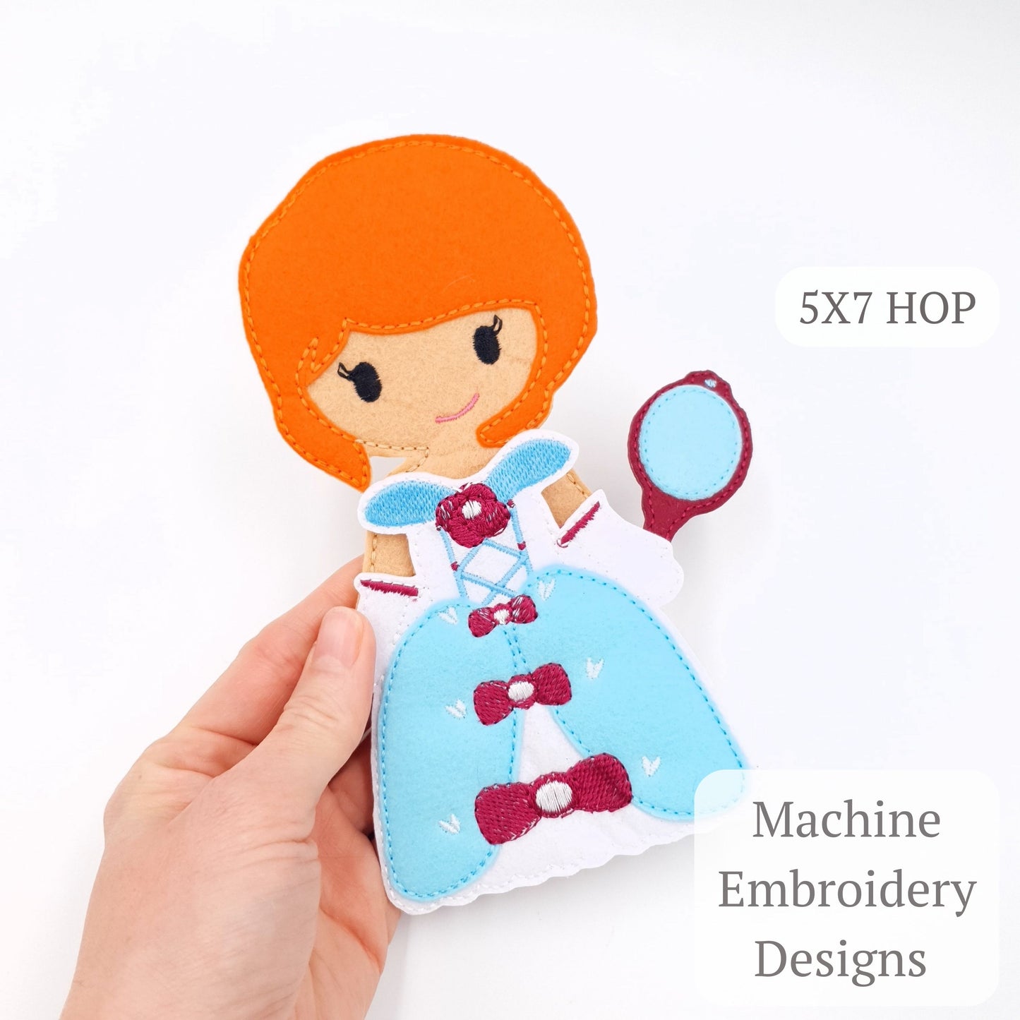 Fairytale Princess Doll with Blue Gown and Hand Mirror ITH Embroidery Design