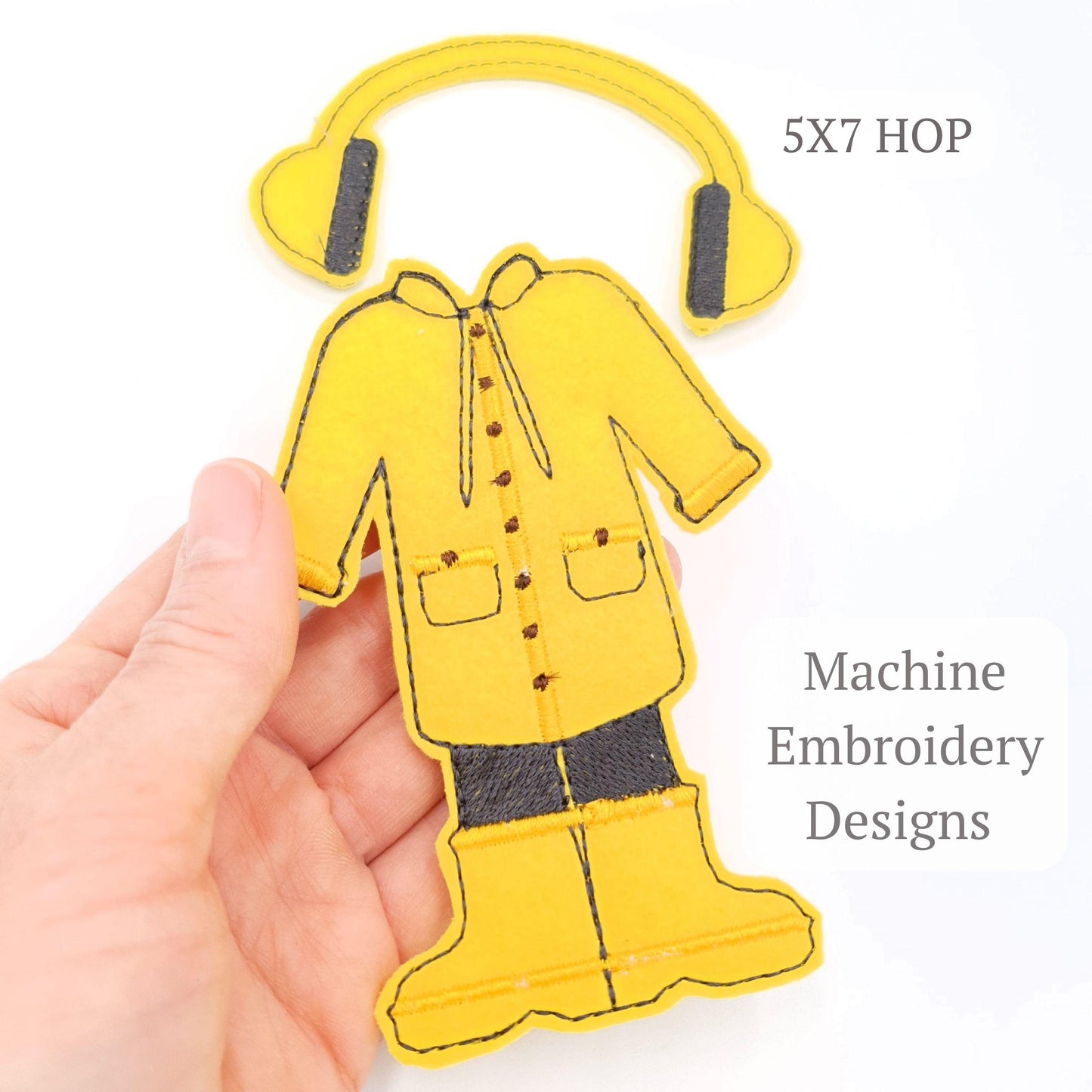 Bright Yellow Rain Gear Set and Earmuffs ITH Embroidery Design