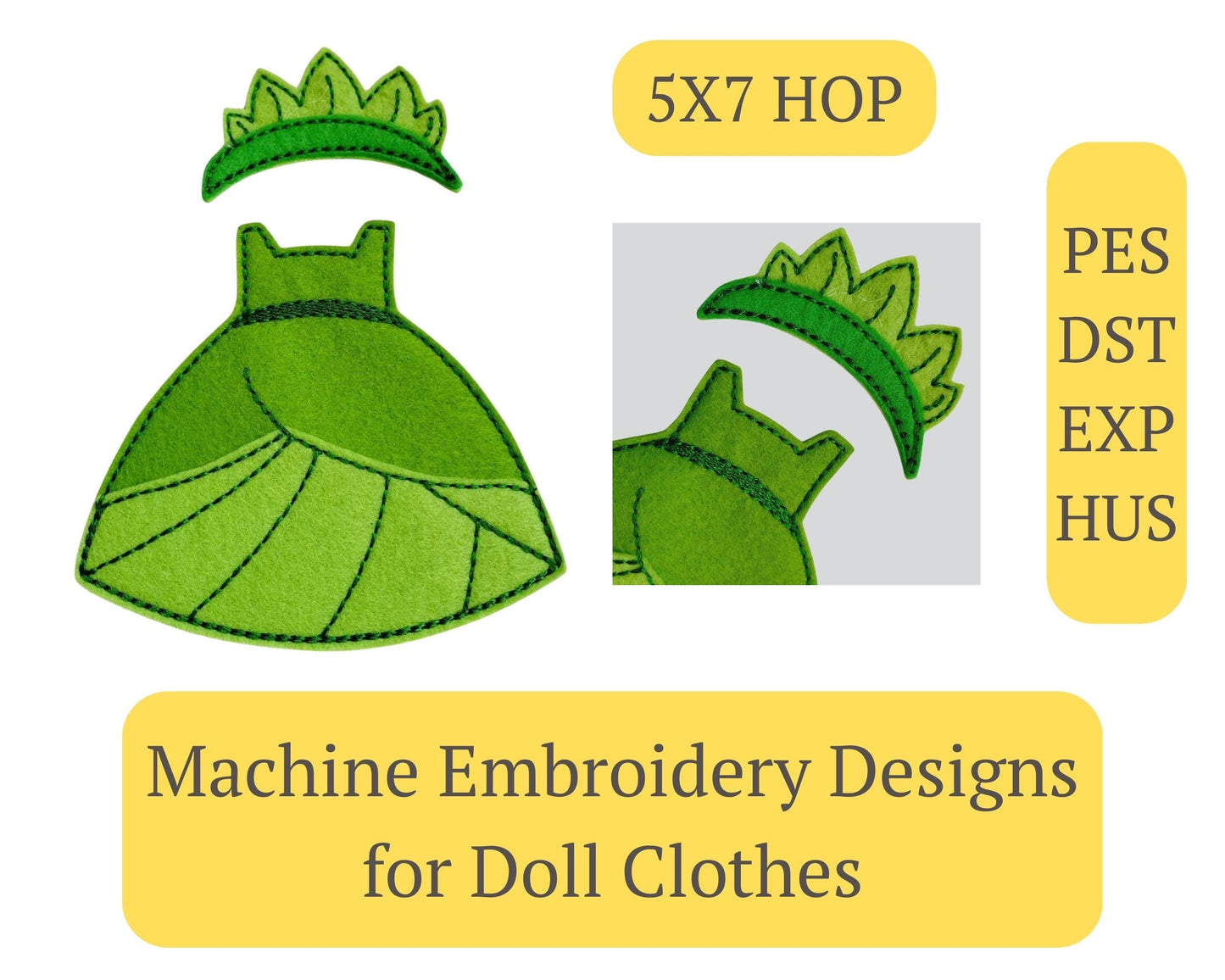 Tiana Princess Dress Embroidery Design: ITH Quiet Book Clothes 5x7 (Digital File)