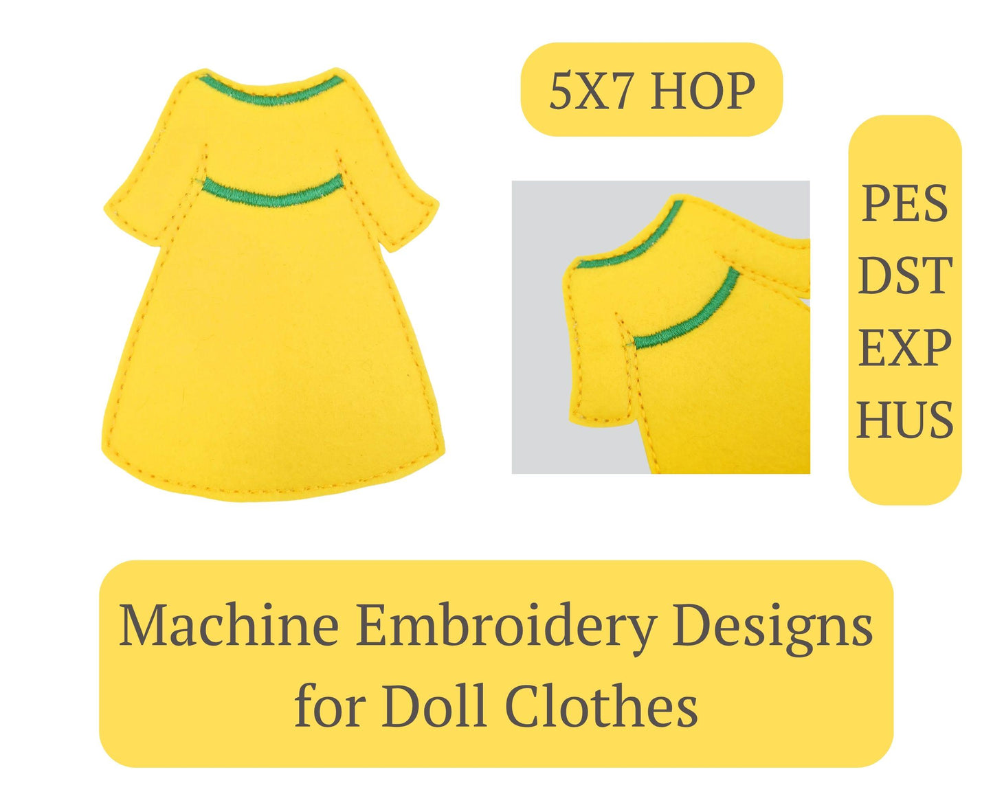 Yellow Doll Dress Machine Embroidery Design ITH Pattern 5x7 Hoop Feltie Clothes