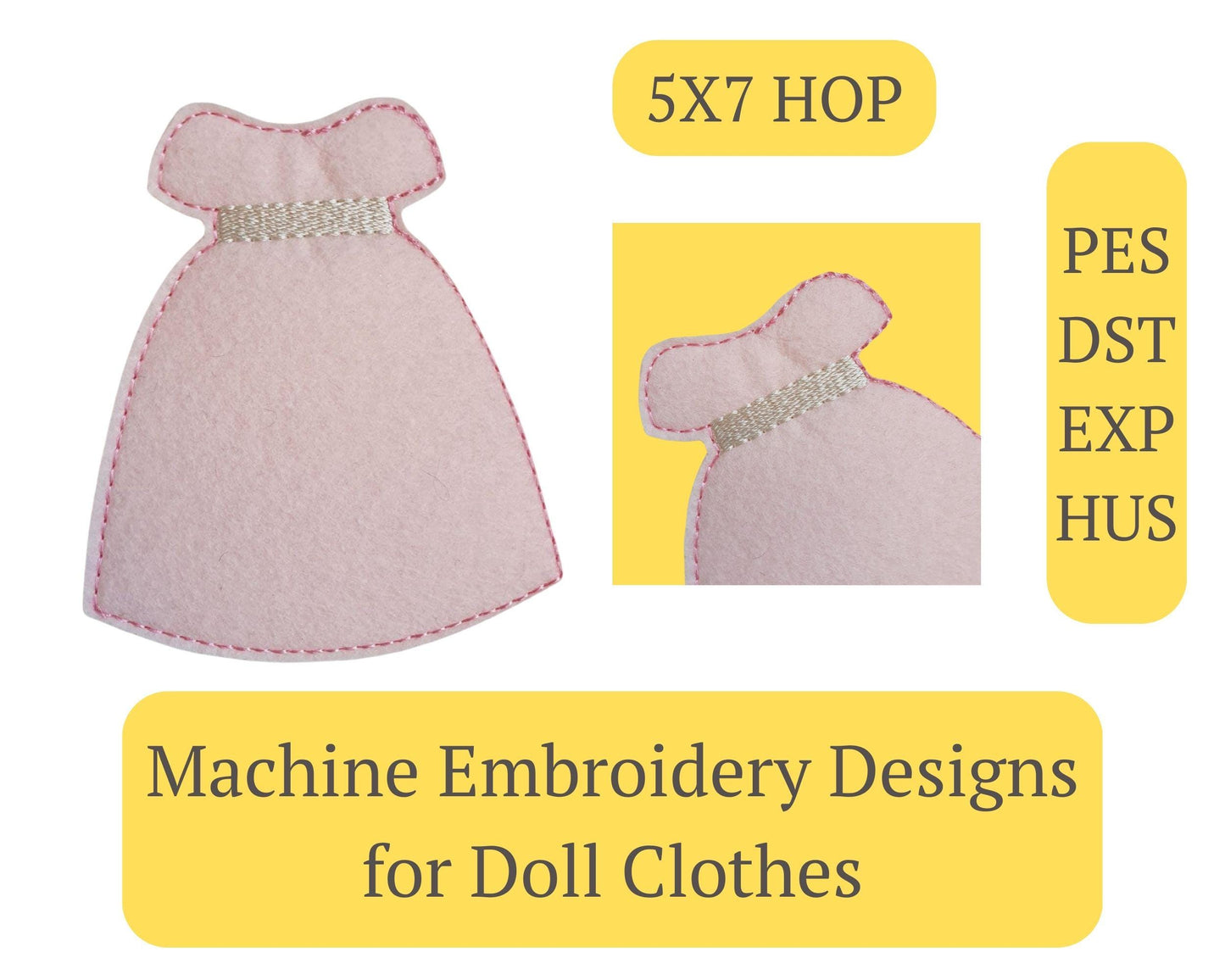 Doll Ball Gown Embroidery Design: ITH Princess Dress Pattern (5x7 Digital File)