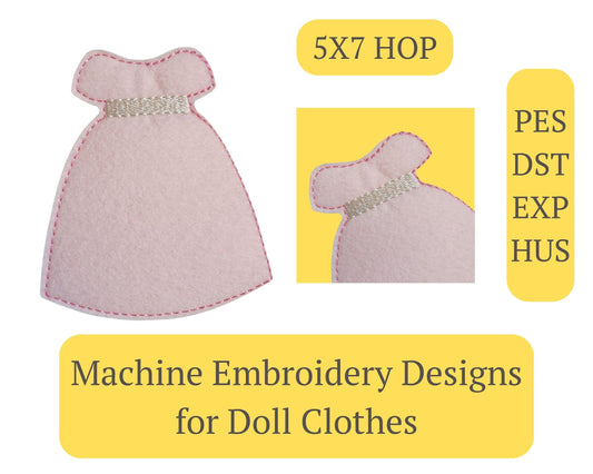 Doll Ball Gown Embroidery Design: ITH Princess Dress Pattern (5x7 Digital File)
