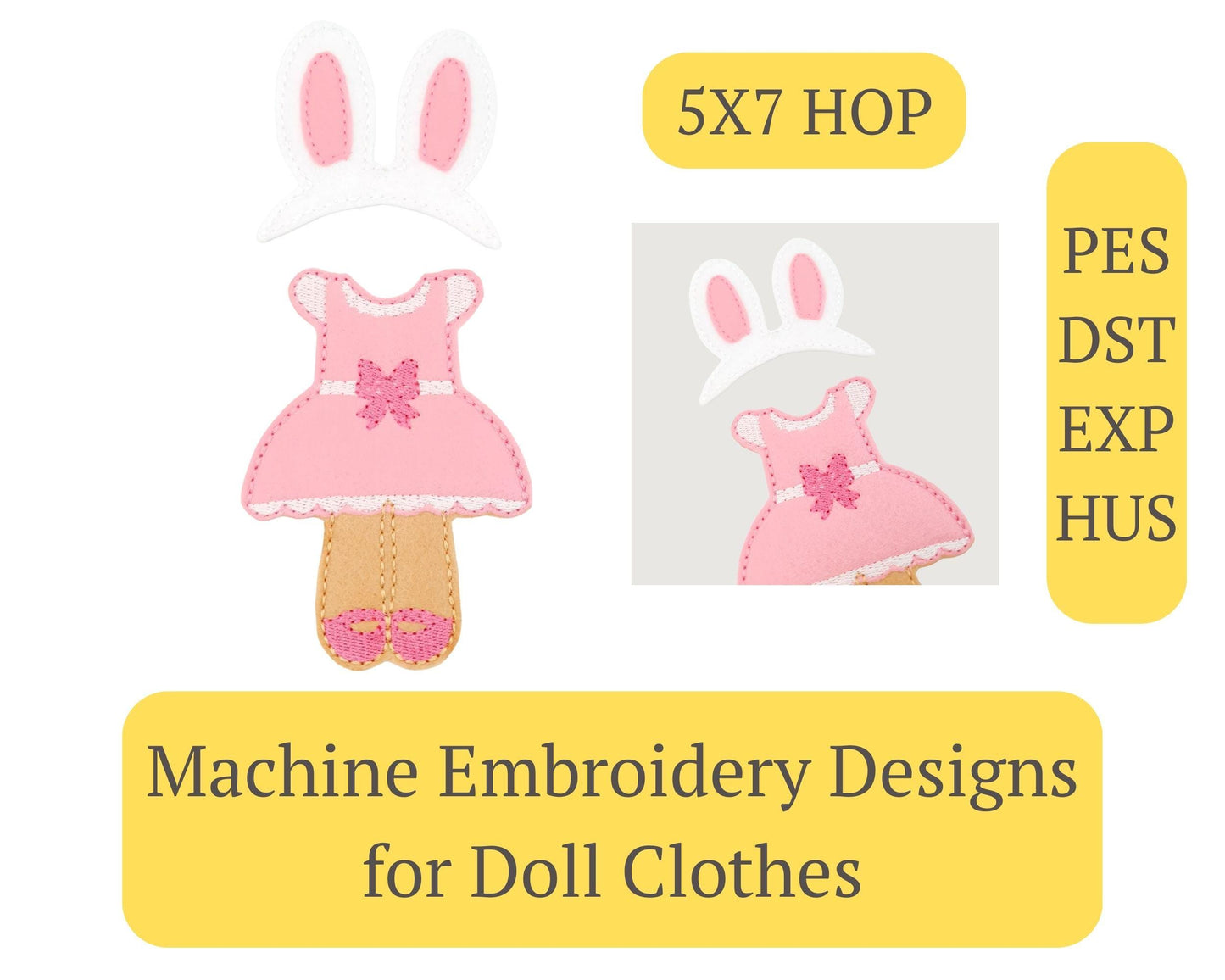 ITH Bunny Doll Outfit Embroidery Design Easter Dress & Ears 5x7 Hoop Pattern File
