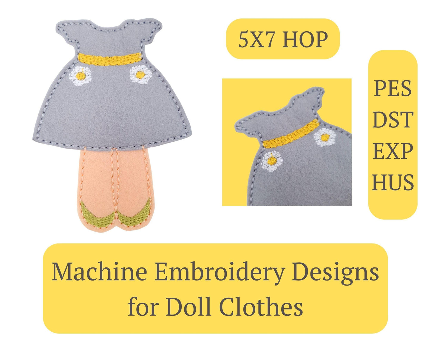 Felt Doll Daisy Dress Embroidery File: Retro 70s Style (ITH Digital Download 5x7)