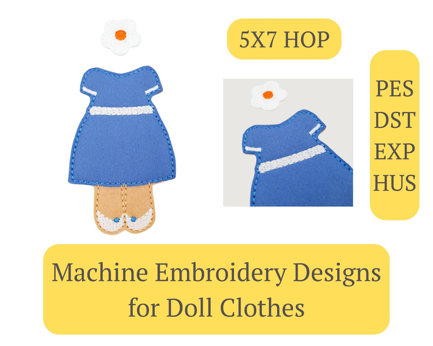 ITH Doll Dress Embroidery Design Daisy Felt Clothes Pattern 5x7 Hoop File