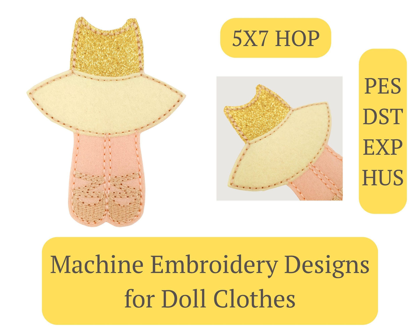 Felt Doll Outfit Machine Embroidery Design ITH Princess Dress Ballerina Set 5x7 Hoop