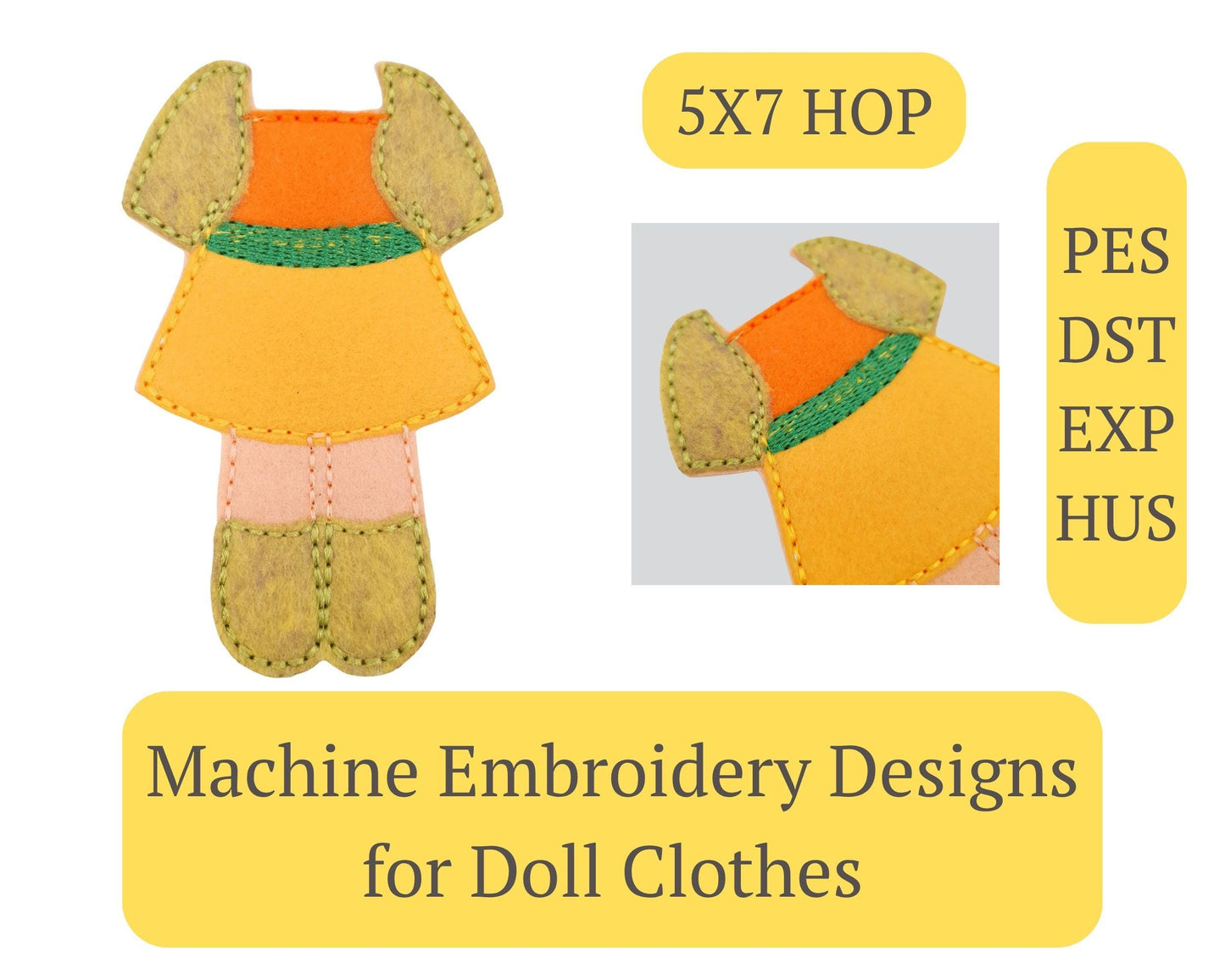 Playtime Doll Outfit Embroidery Pattern Yellow Dress for Felt Doll