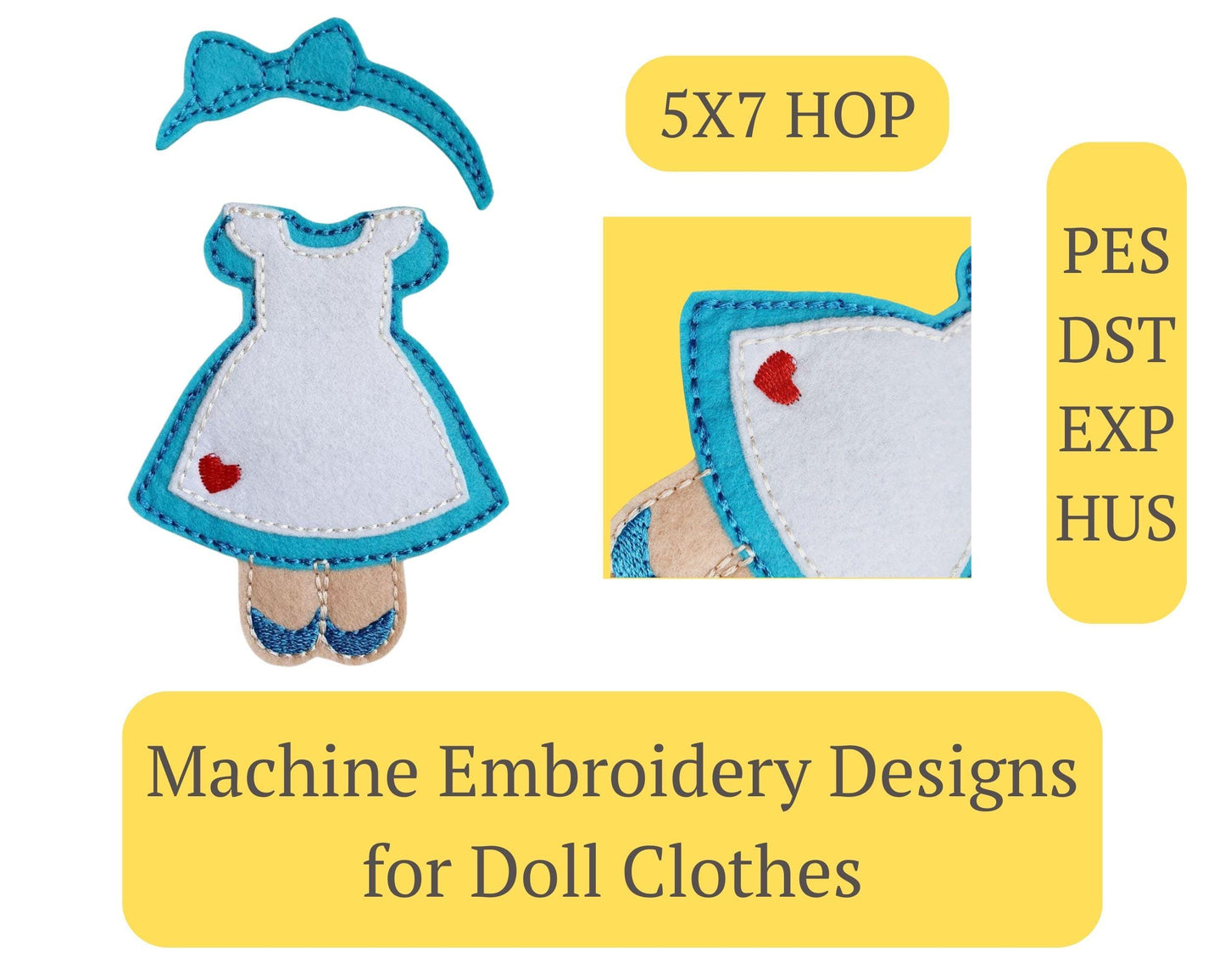 Dress Up Dolls ITH Embroidery Patterns - Outfit Set (Dress, Bow, Shoes) - 5x7 - Digital Download