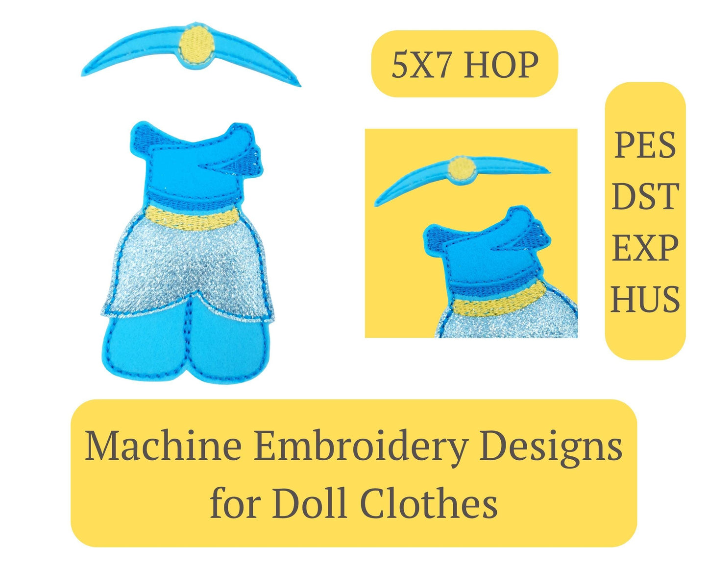 Felt Doll Dress Machine Embroidery Design: Blue Silver Princess Gown, 5x7 Hoop (ITH Pattern)