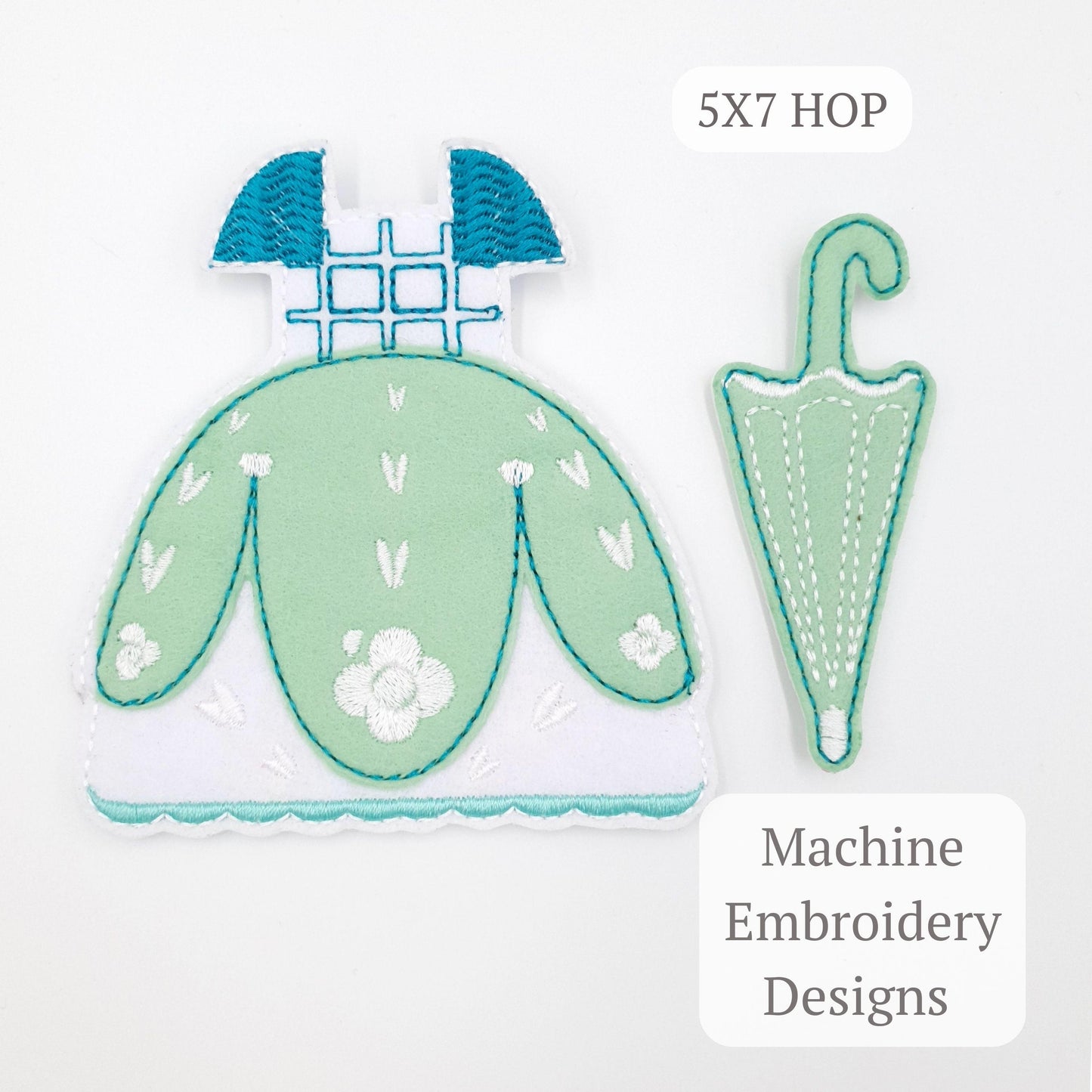 Whimsical Mint Green Dress and Umbrella ITH Embroidery Design