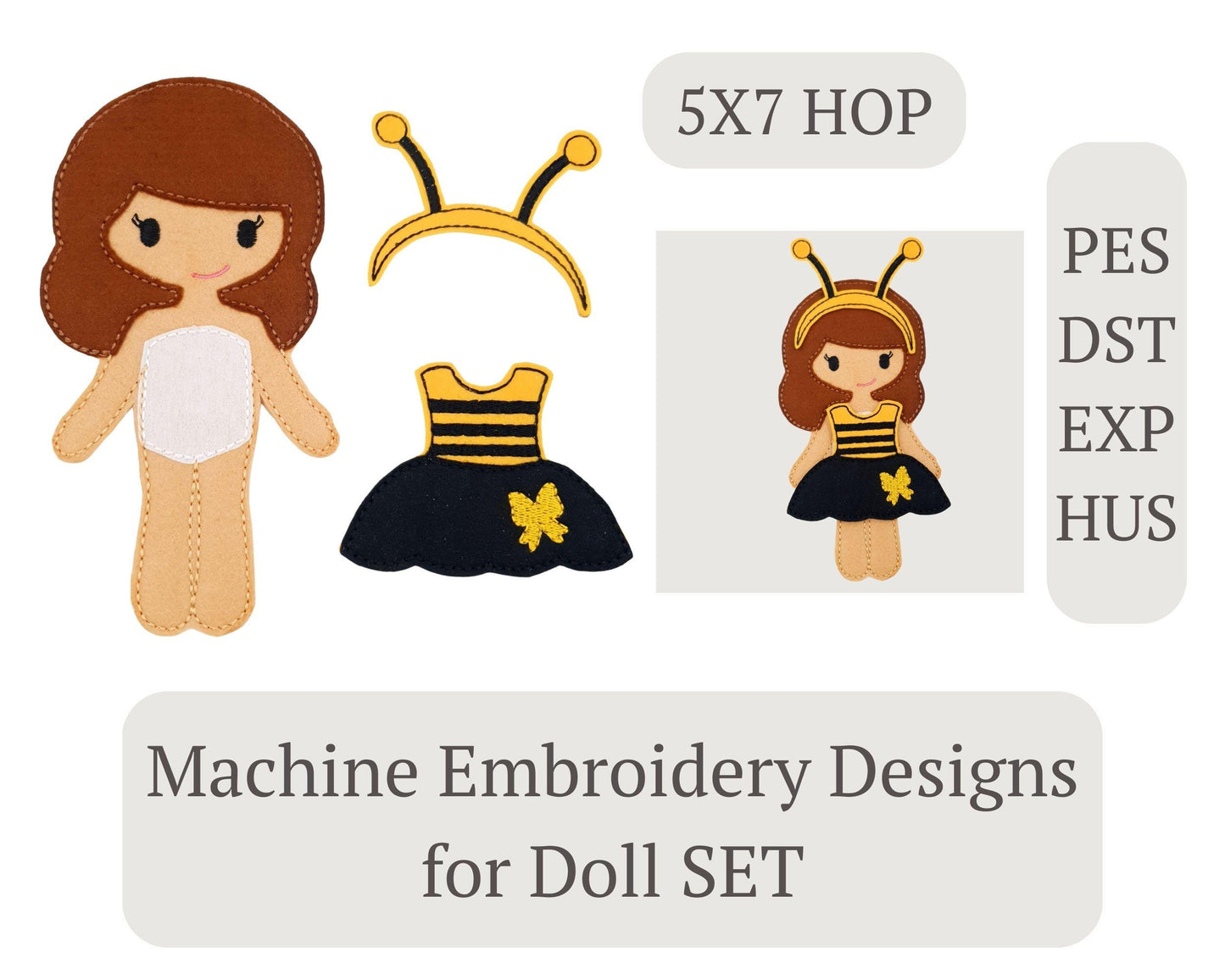Bee Doll & Dress Embroidery Set - 5x7 Hoop Digital