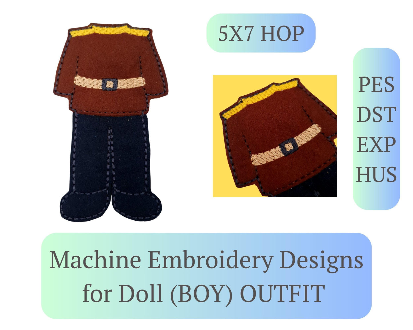 Felt Doll Boy Outfit Machine Embroidery Design ITH Military Uniform Clothes 5x7 Hoop