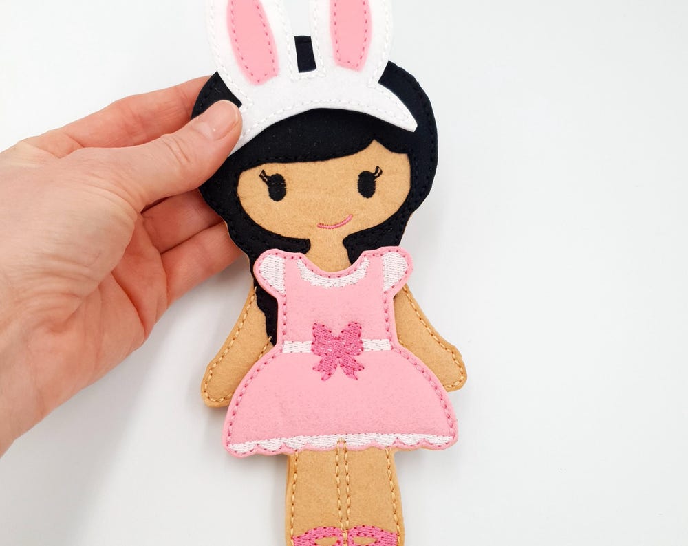 Felt Doll & Bunny Outfit Embroidery Design ITH Quiet Book Toy 5x7 Digital Download